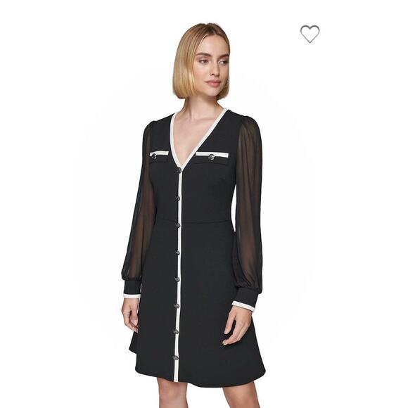 NWOT Karl Lagerfeld size 6 black dress with sheer sleeves and white trim - Picture 1 of 7